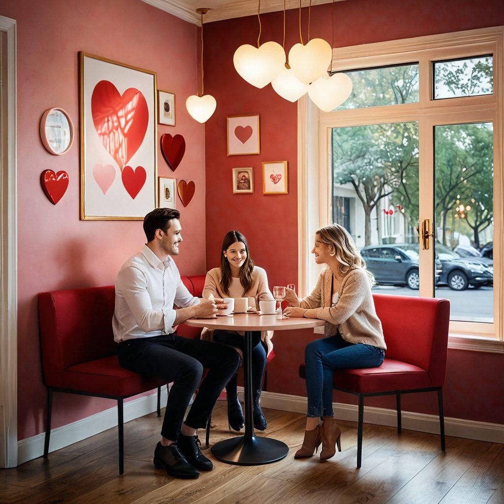A romantic scene depicting a couple in a cozy cafe, surrounded by heart-shaped symbols representing connections and love, while a clipboard with affordable insurance options sits on the table. The background features soft, warm colors to evoke a feeling of safety and intimacy, blending modern elements with subtle motifs of dating. super-realistic. vibrant colors.