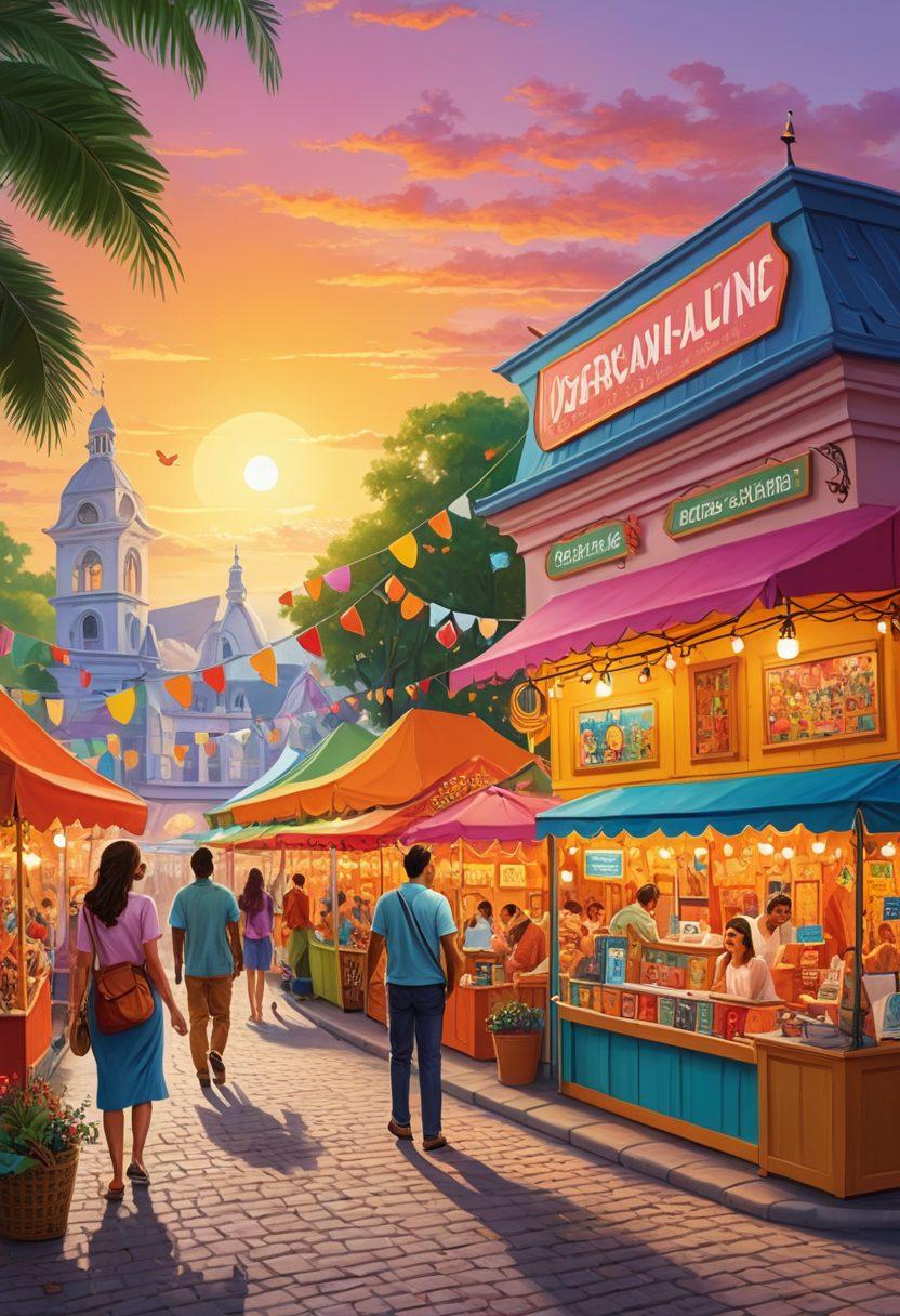 A whimsical scene of a couple exploring a vibrant marketplace filled with colorful insurance policy booths, each representing different coverage options. They are surrounded by helpful guides showcasing various dating-related insurance covers like event cancellation and travel insurance. The atmosphere is light-hearted and engaging, with playful icons symbolizing love, safety, and adventure. The background features a glowing sunset, symbolizing hope and new beginnings. vibrant colors. cartoon style.