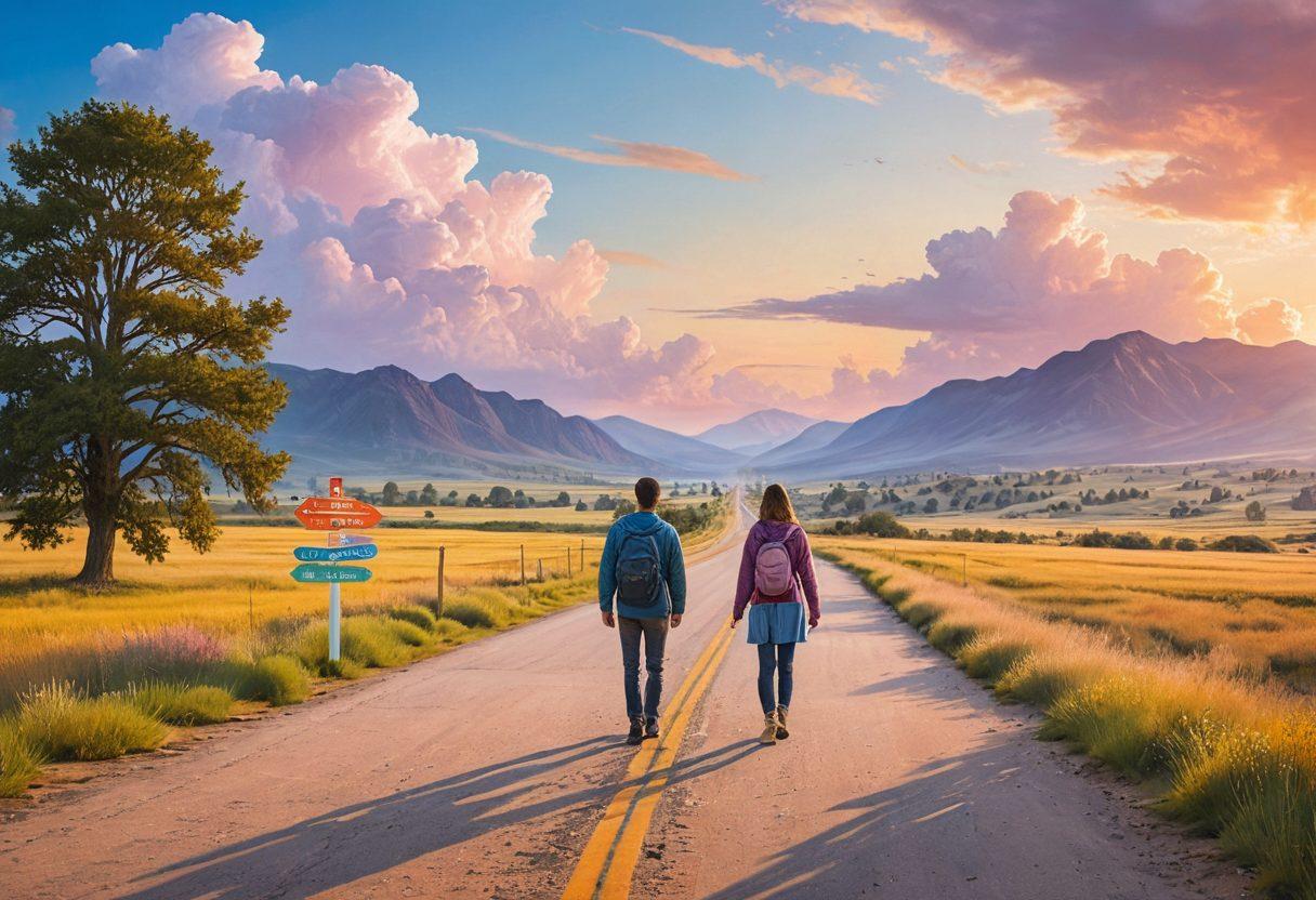 A serene landscape featuring a couple standing at a crossroads surrounded by different insurance options represented by colorful signposts. Each signpost illustrates concepts like 'Health', 'Home', 'Life', and 'Auto' with symbols intertwined, symbolizing the journey of finding the perfect match in insurance. The couple holds hands, looking thoughtfully at the options ahead. Soft pastel colors and gentle light evoke a sense of hope and safety. vibrant colors. super-realistic.